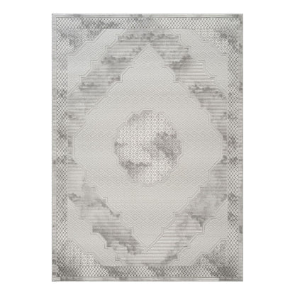 Gray geometric medallion area rug with embossed 3D diamond patterns