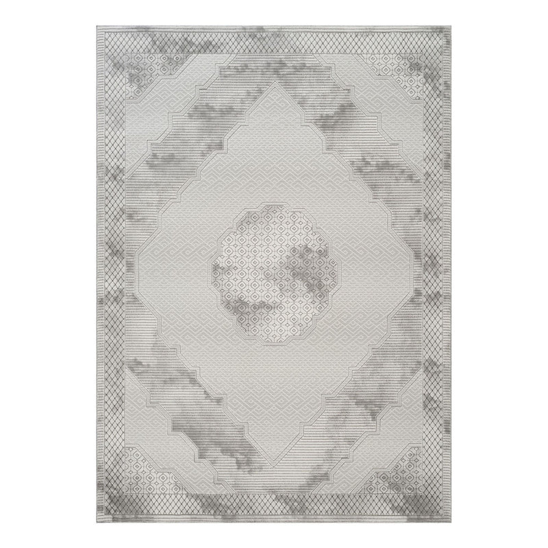 Gray geometric medallion area rug with embossed 3D diamond patterns
