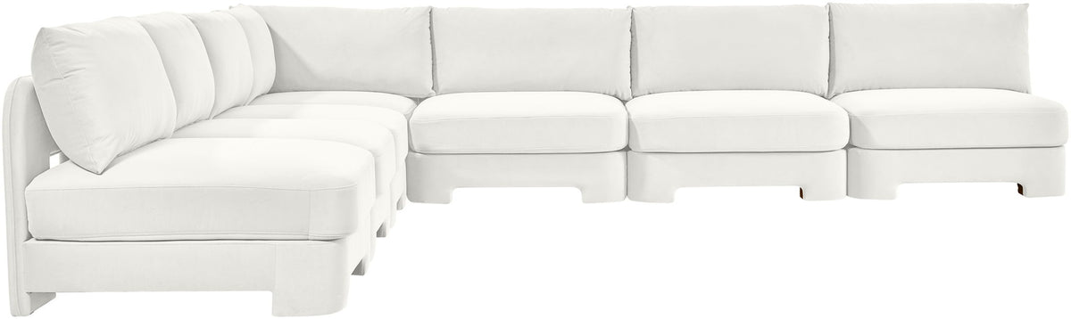 White velvet performance sectional sofa with armless chaise and tufted back cushions