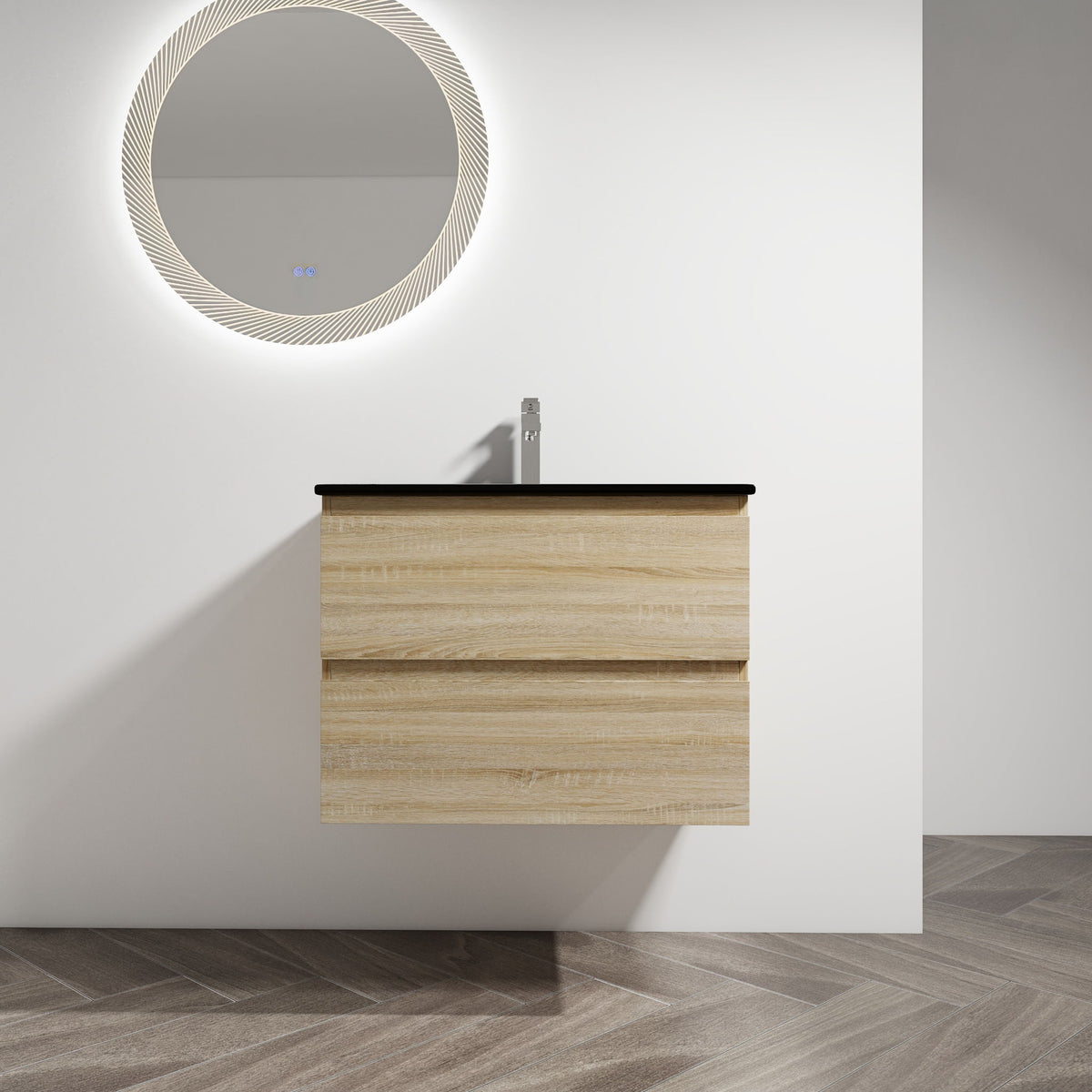 Wall-mounted bathroom vanity with sink, light wood cabinet with two soft-close drawers