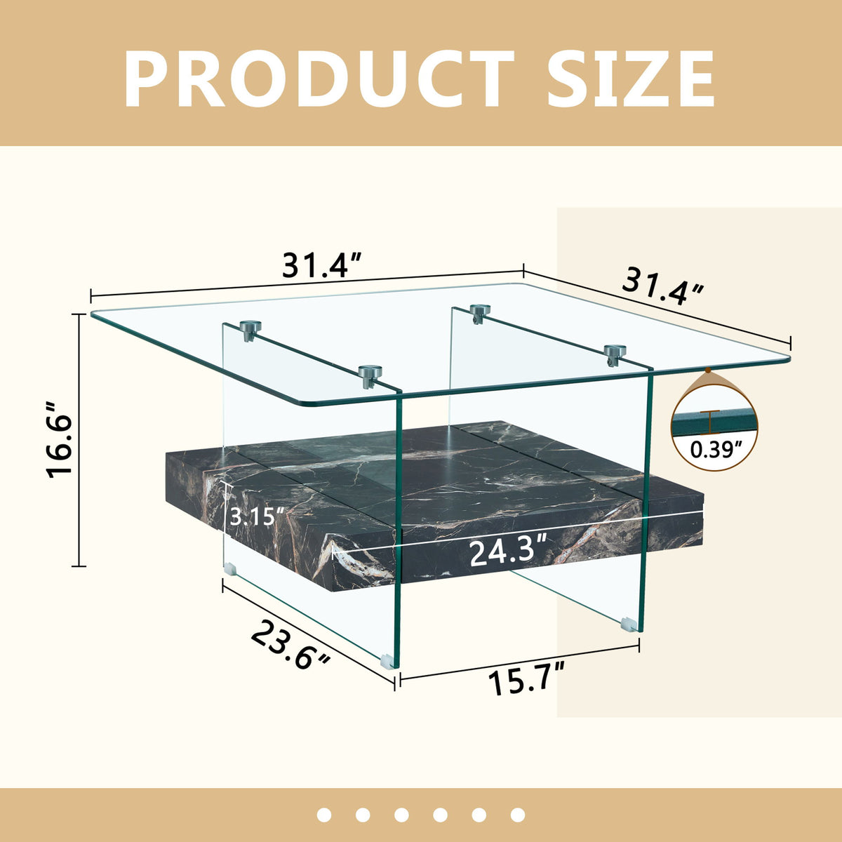 Modern 2 Tier Square Coffee Table, Elegant Marble Pattern