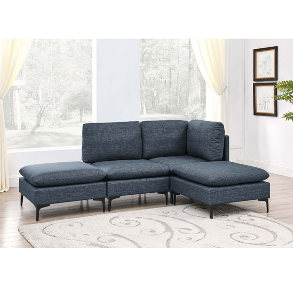 Blue upholstered modular sectional sofa with tall legs, chaise corner, and padded back cushions