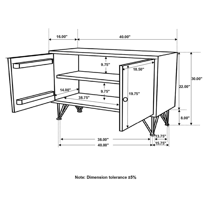 Storage cabinet dimension diagram with open interior shelf, two doors, and angled legs