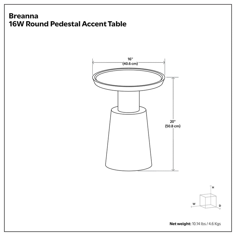 Round pedestal accent table diagram showing a 16-inch top and 20-inch height.