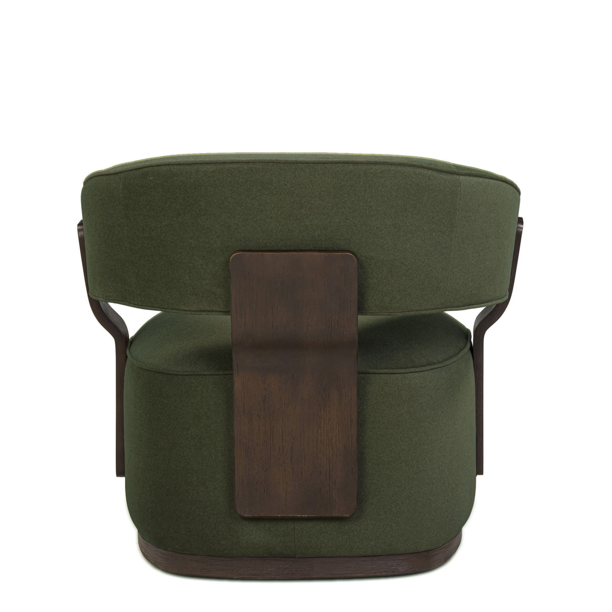 Swivel accent chair in dark green fabric with dark wood front panel and rounded seat
