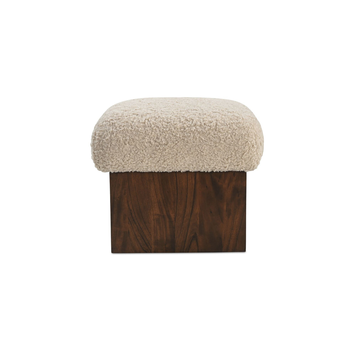 Cream faux shearling ottoman with dark brown wooden base