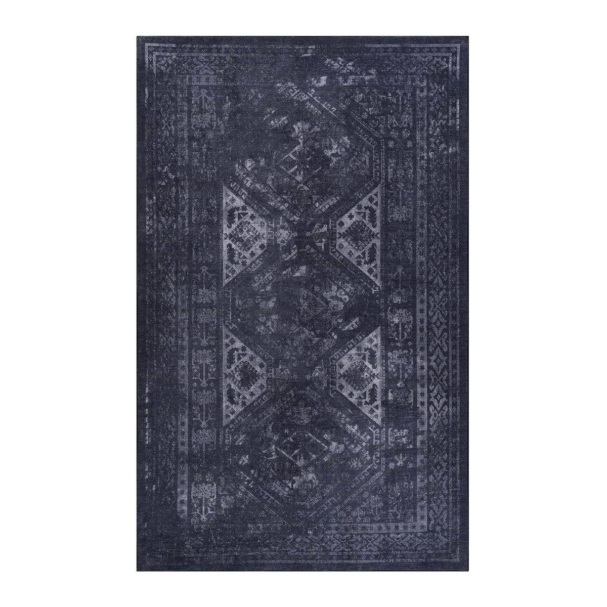 Navy-blue area rug with distressed traditional pattern and border, rectangular 2x3 ft