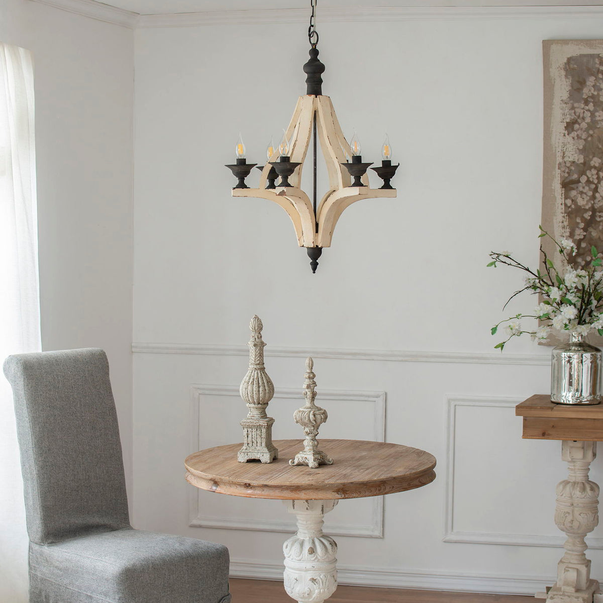 6 Light Wood Chandelier, Hanging Light Fixture With Adjustable Chain For Kitchen, Bulb Not Included - Cream