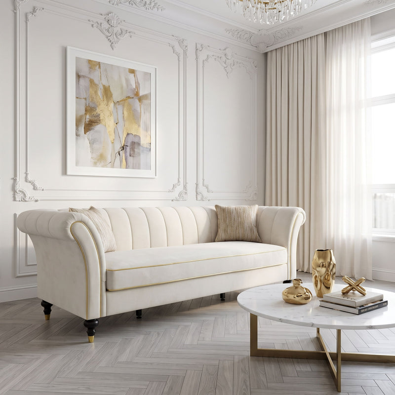 3 Seater Sofa With Rolled Arms, Vertical Channel Tufted Backrest