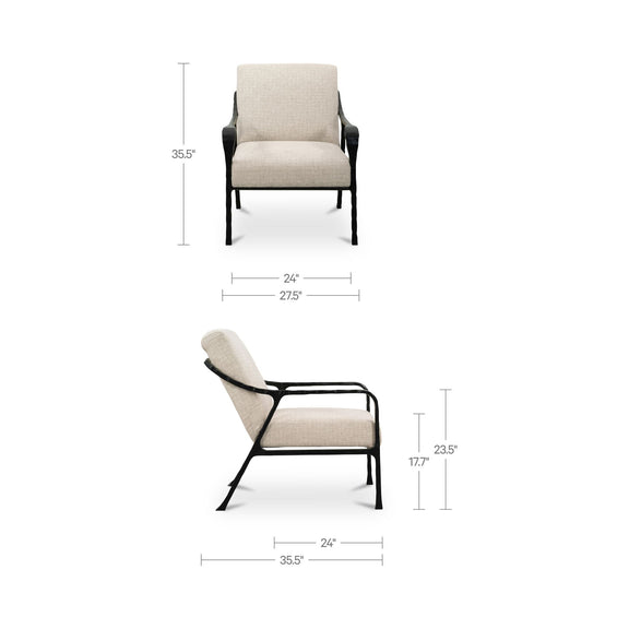 Beige upholstered accent chair with black frame; dimension lines for width and height.