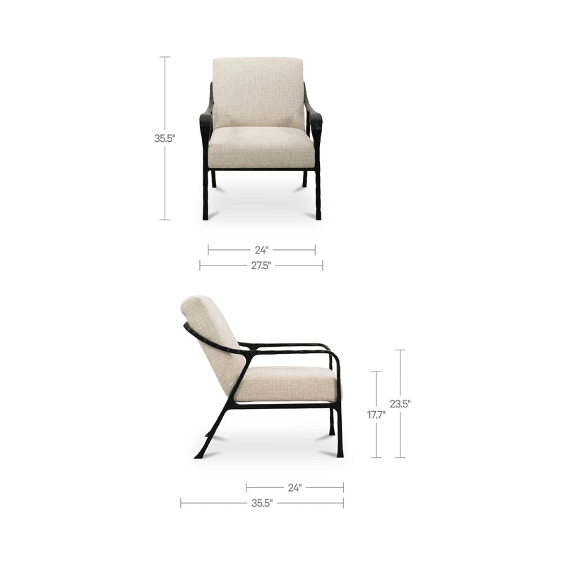 Beige upholstered accent chair with black frame; dimension lines for width and height.