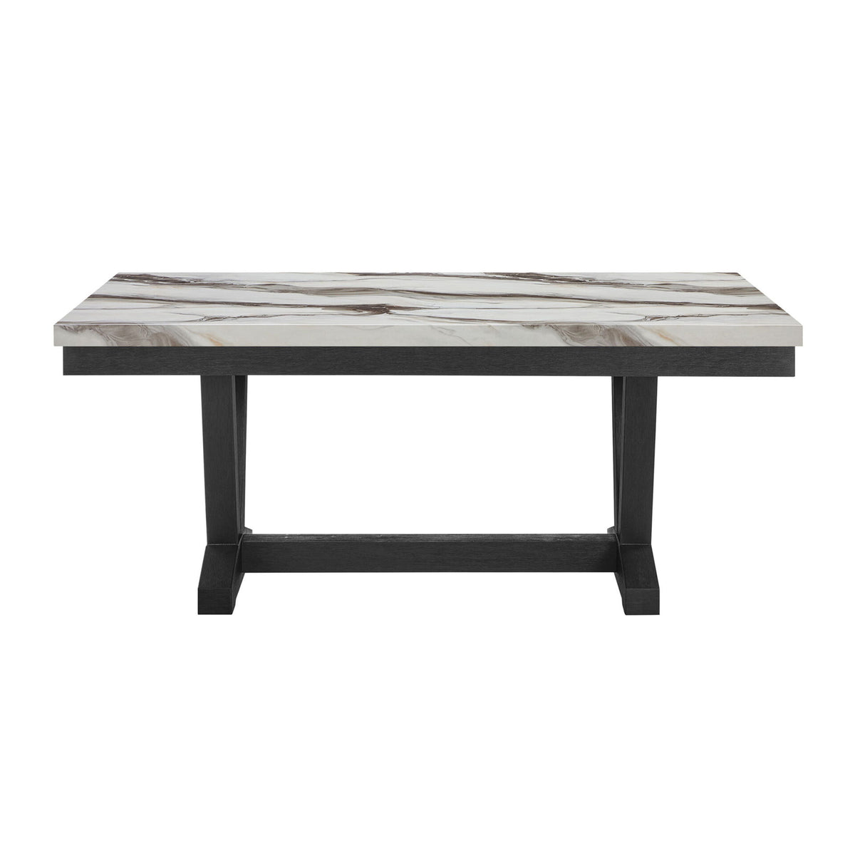 Black dining table with rectangular stone-look tabletop and tapered legs
