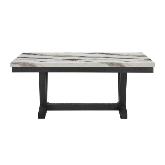 Black dining table with rectangular stone-look tabletop and tapered legs