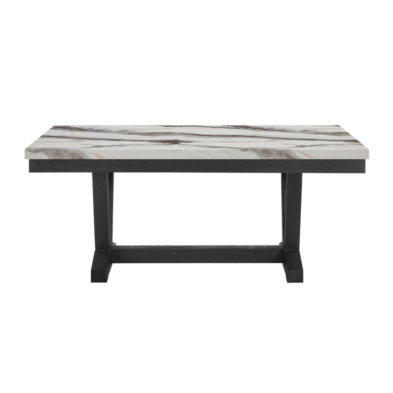 Black dining table with rectangular stone-look tabletop and tapered legs
