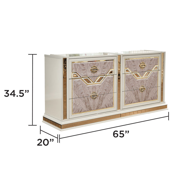 Beige cabinet dresser with mirrored doors and gold trim, single long console top