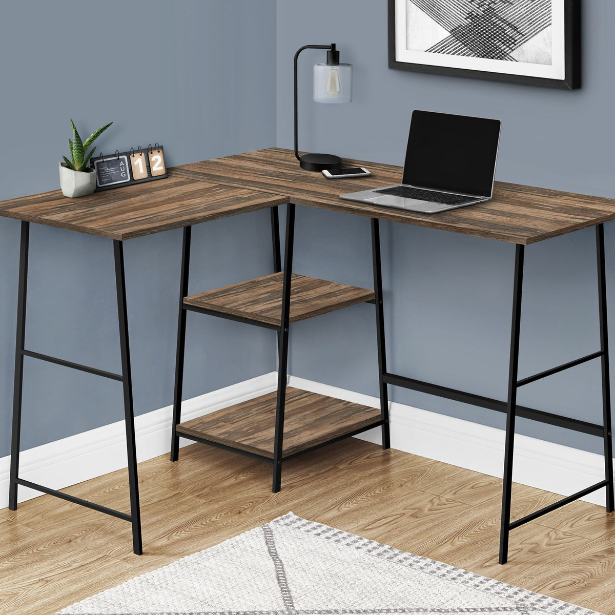 Computer Desk, Home Office, Corner, Storage Shelves, L-Shape, Work, Laptop, Contemporary, Modern - Brown