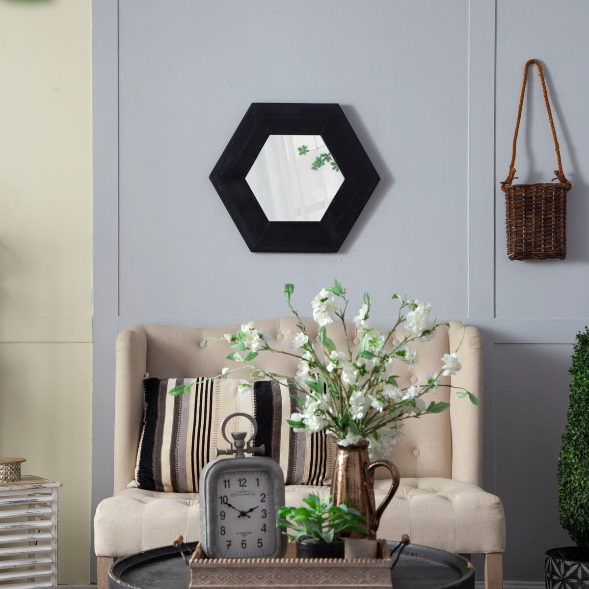 Hexagon Mirror With Natural Wood Frame, Wall Decor For Living Room Bathroom Hallway