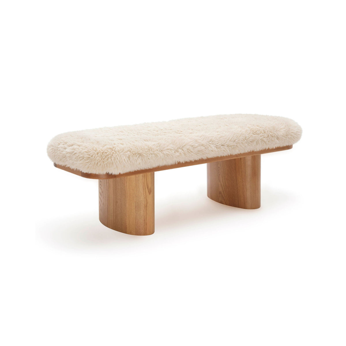 Beige faux-fur bench with smooth, rounded seat and curved wood legs