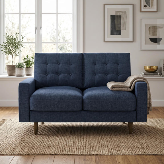 Blue two-seat loveseat sofa with button-tufted back and tapered wooden legs