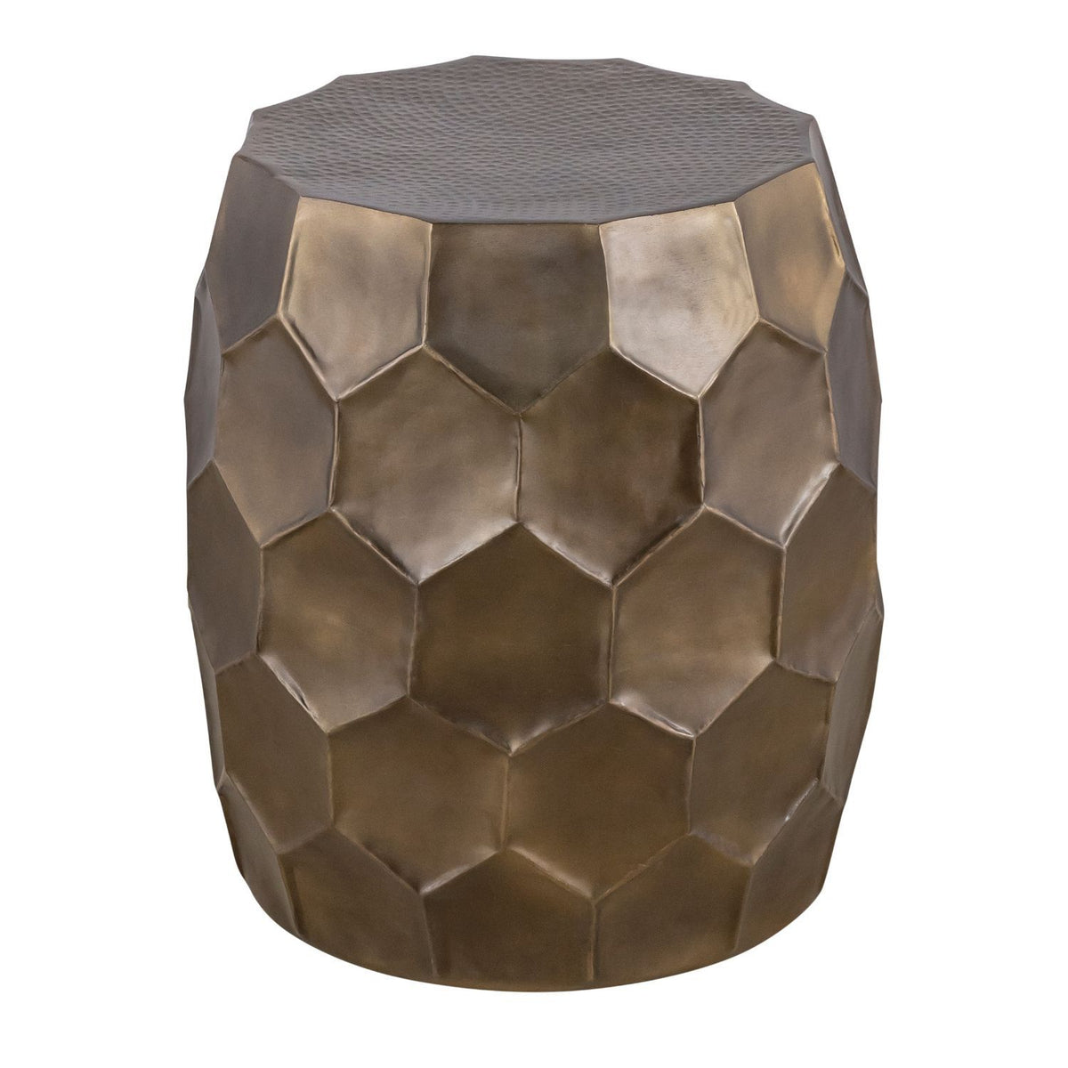 Bronze hex-pattern end table with faceted sides and dark gray textured top