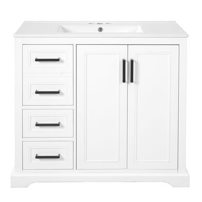 White bathroom vanity cabinet with sink, three drawers, and two soft-close cabinet doors