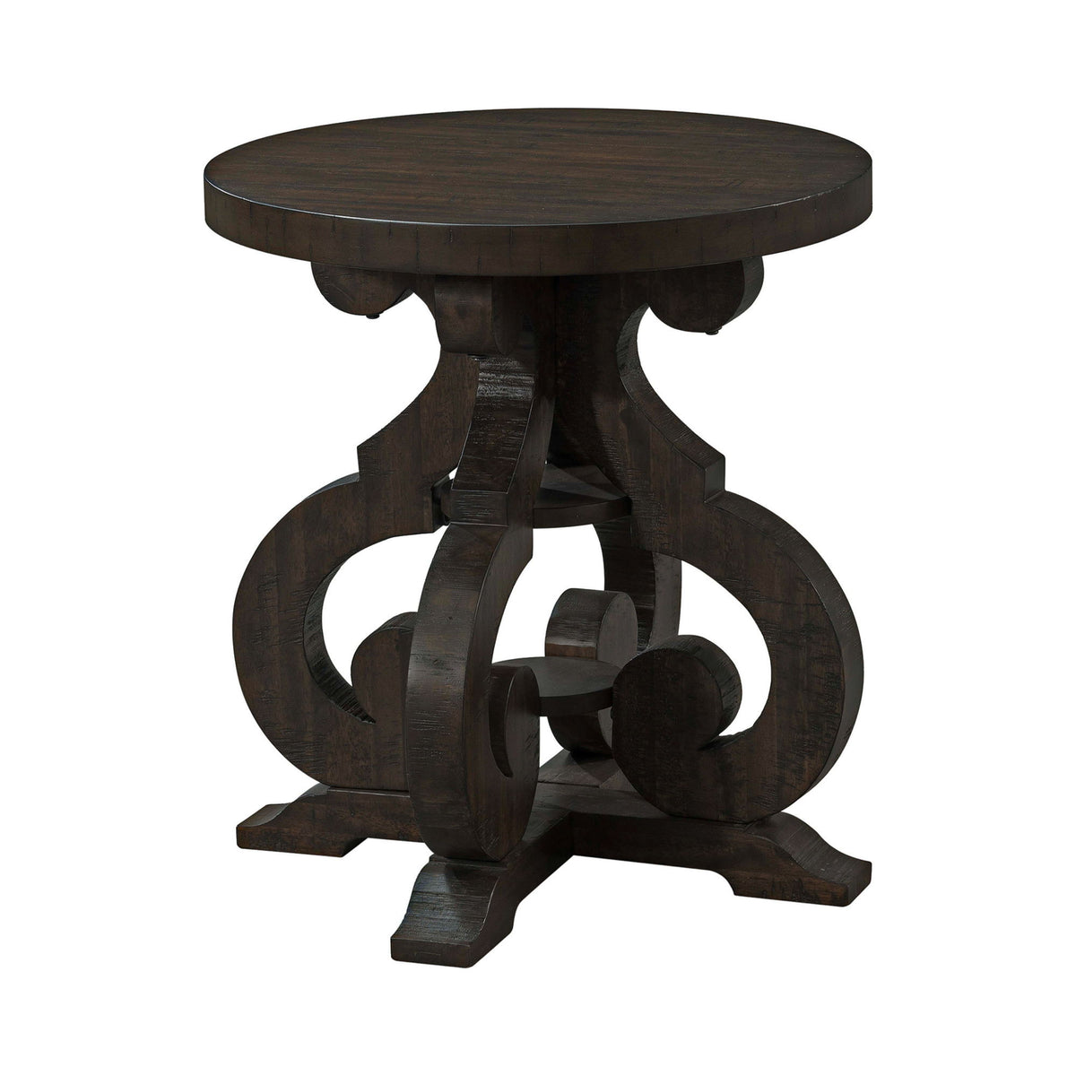 Round dark walnut end table with carved pedestal base and PU support