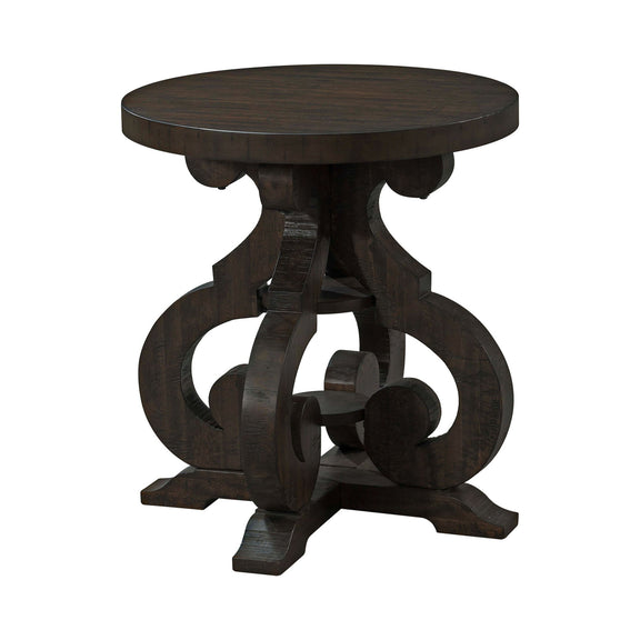 Round dark walnut end table with carved pedestal base and PU support