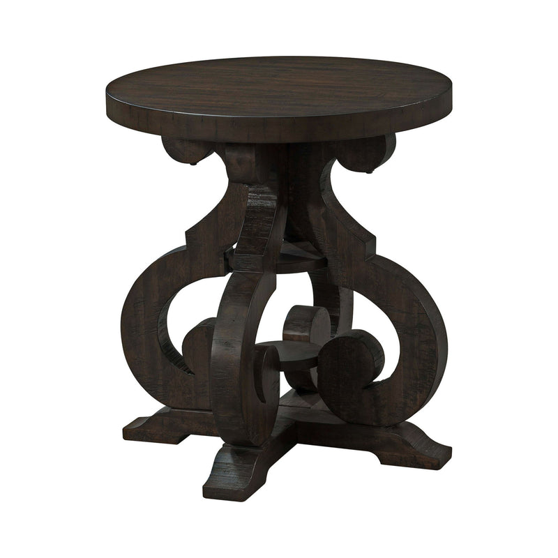 Round dark walnut end table with carved pedestal base and PU support