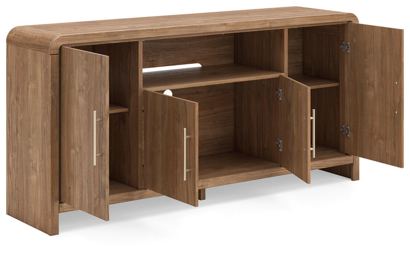 Brown wooden TV stand with open hinged doors showing interior shelves