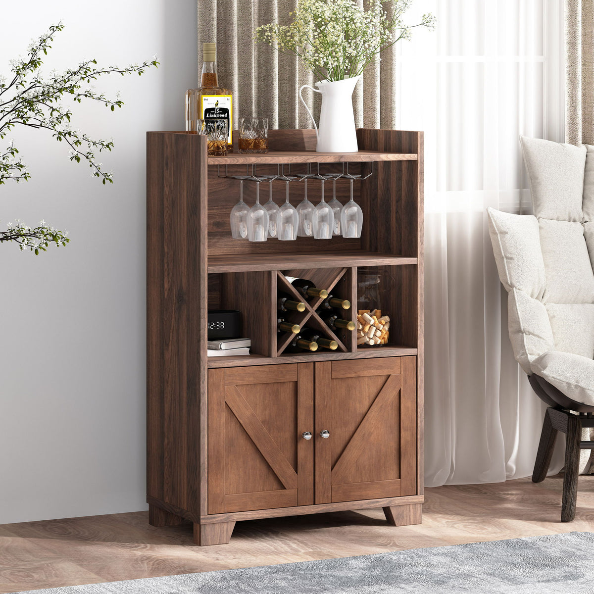 Farmhouse Style Monita Wine Cabinet With Storage Space - Walnut