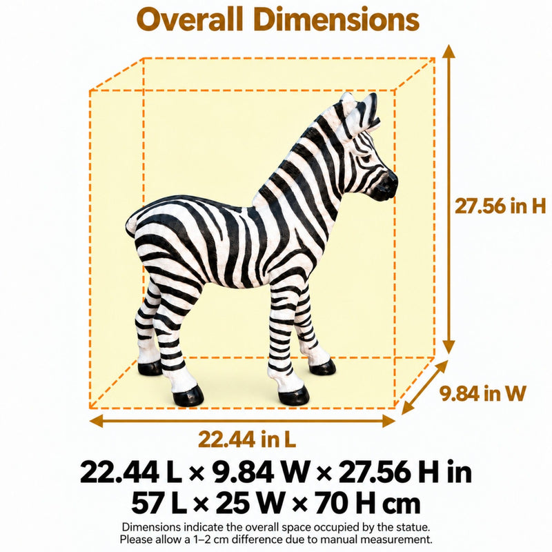 Side view of zebra statue with dimensions: 22.44 inches long, 9.84 wide, 27.56 high