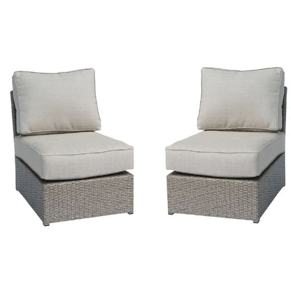 Gray armless patio chair with seat cushion and back pillow, woven base