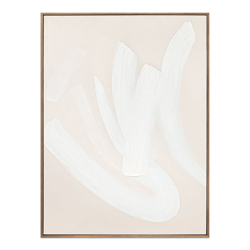 Beige-framed abstract painting with white brushstroke shapes, square wall art