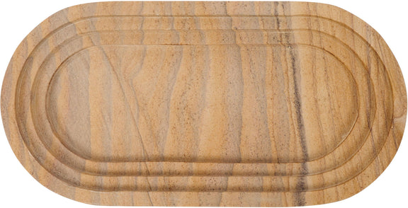 Beige marble oval tray with concentric border grooves and striped veining