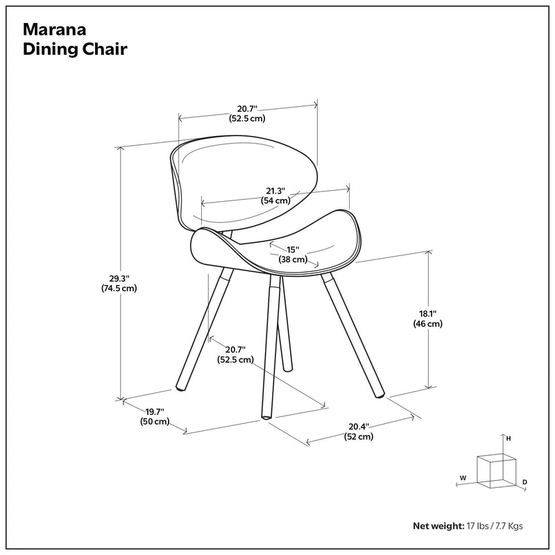 Mid-century dining chair line diagram showing black faux leather seat and wooden legs