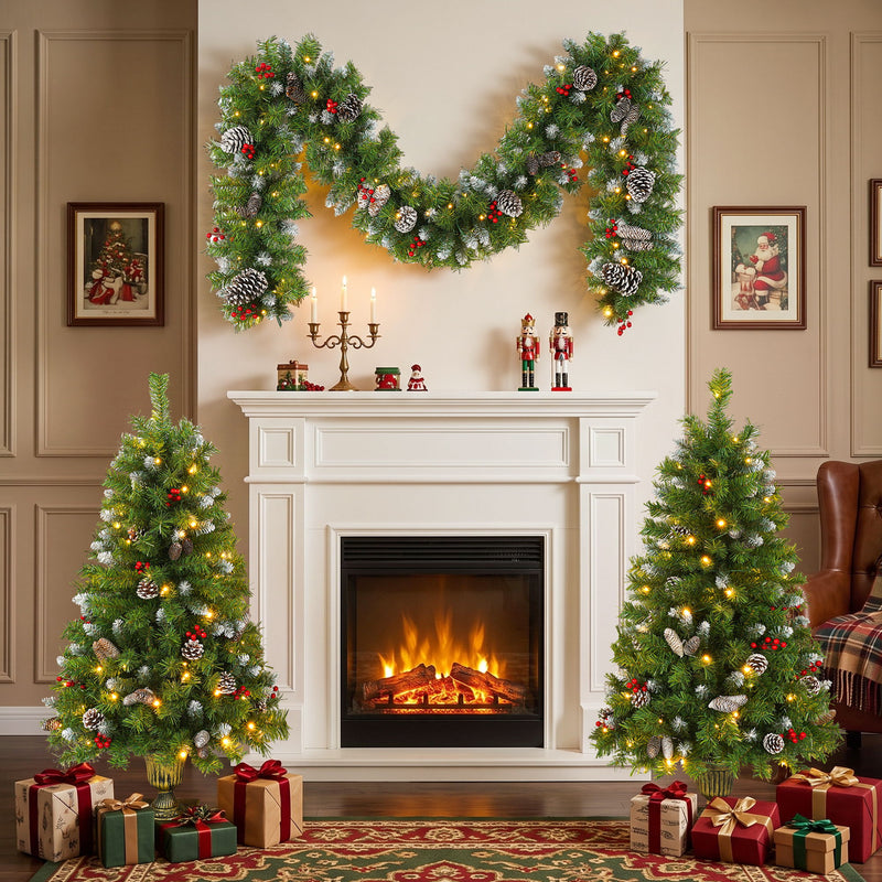 Artificial Christmas tree set with warm LED lights, pinecones, and red accents