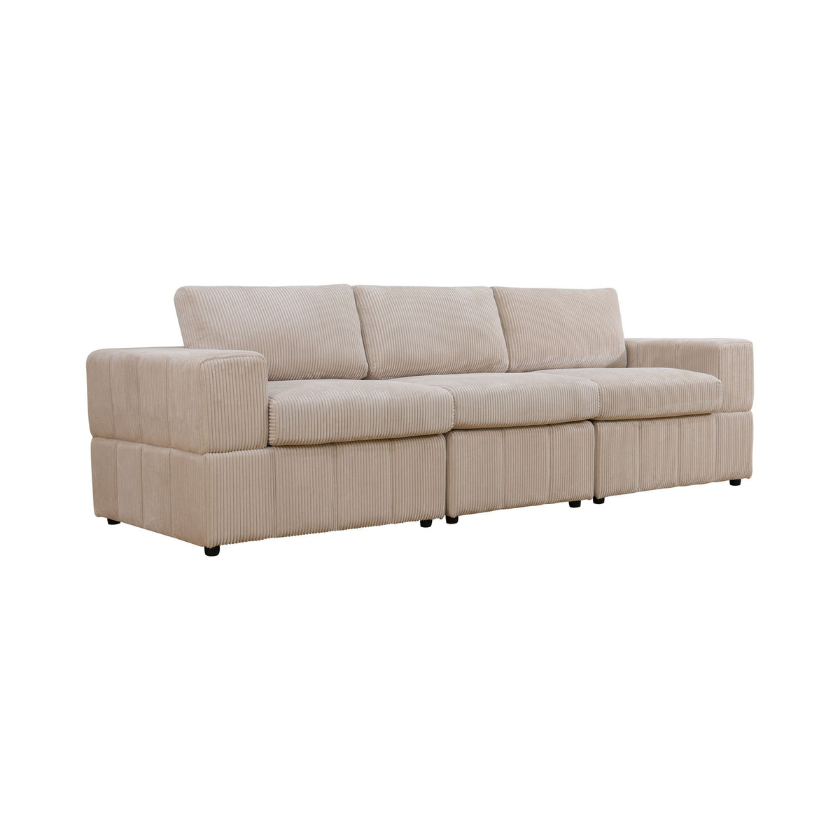 Beige three-seat modular sectional sofa with ribbed upholstery and broad arms, shown at an angle
