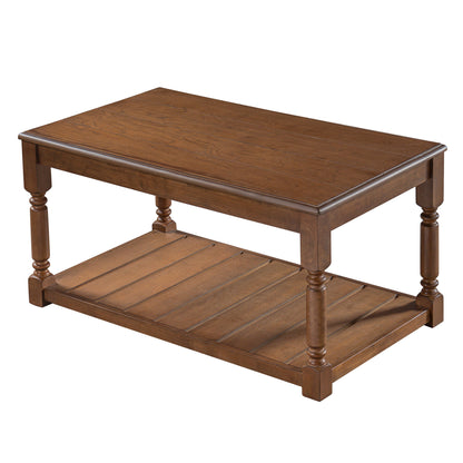 Brown coffee table with slatted lower shelf and turned legs