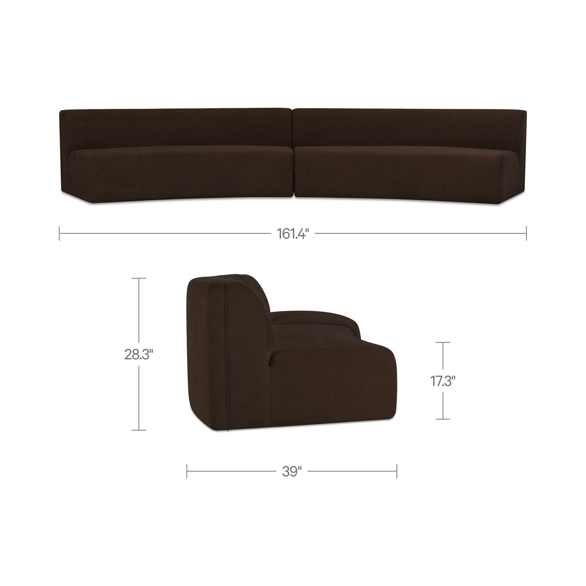 Dark brown sectional end module showing seat depth and arm shape