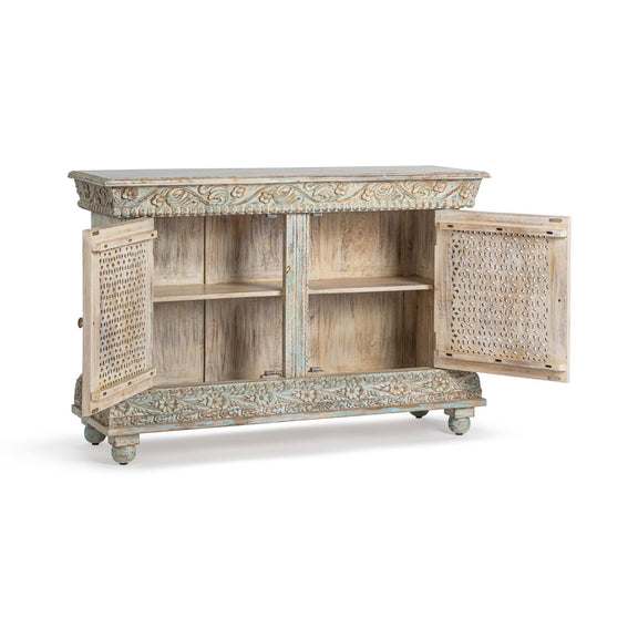 Two-door cabinet opened to show interior shelves, wood finish with lattice panels