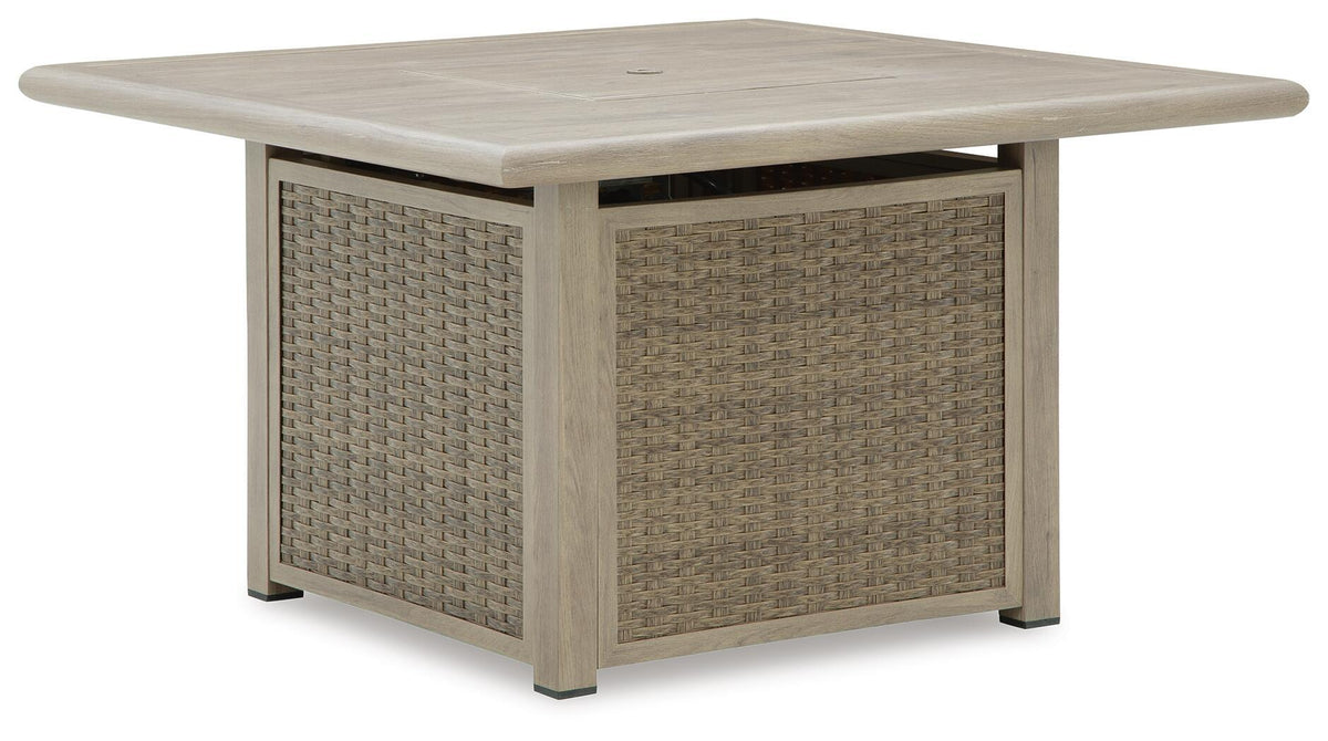 Beige square fire pit table with flat tabletop and woven wicker side panels
