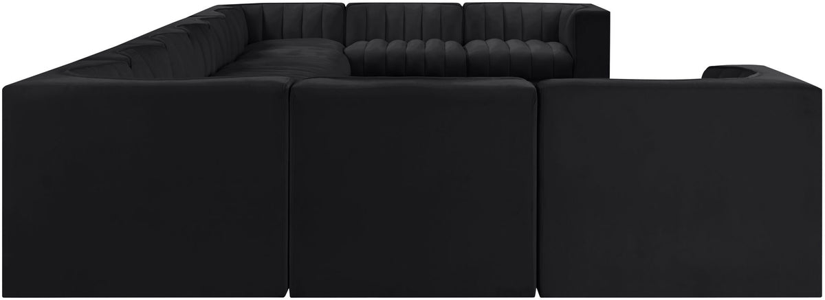 Velvet modular sectional sofa with tufted cushions, black upholstery, wide corner arms