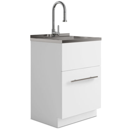 White laundry cabinet sink with chrome faucet and stainless steel basin