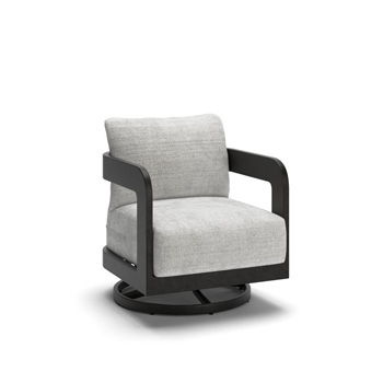 Swivel lounge chair with gray cushions, black frame, and circular base