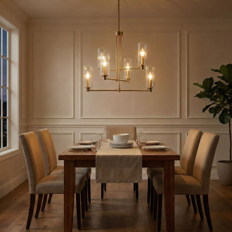 Antique brass chandelier with six clear ribbed glass shades and exposed bulbs