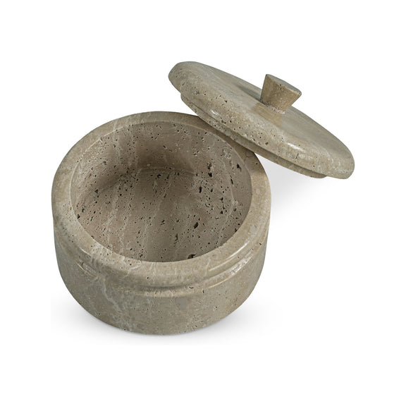 Beige round travertine box with open lid and hollow interior
