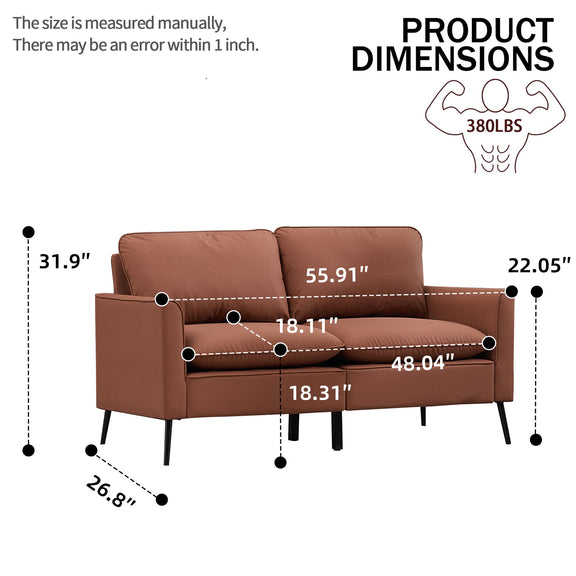 Dark brown 2-seat upholstered loveseat with tufted back, padded arms, and black legs