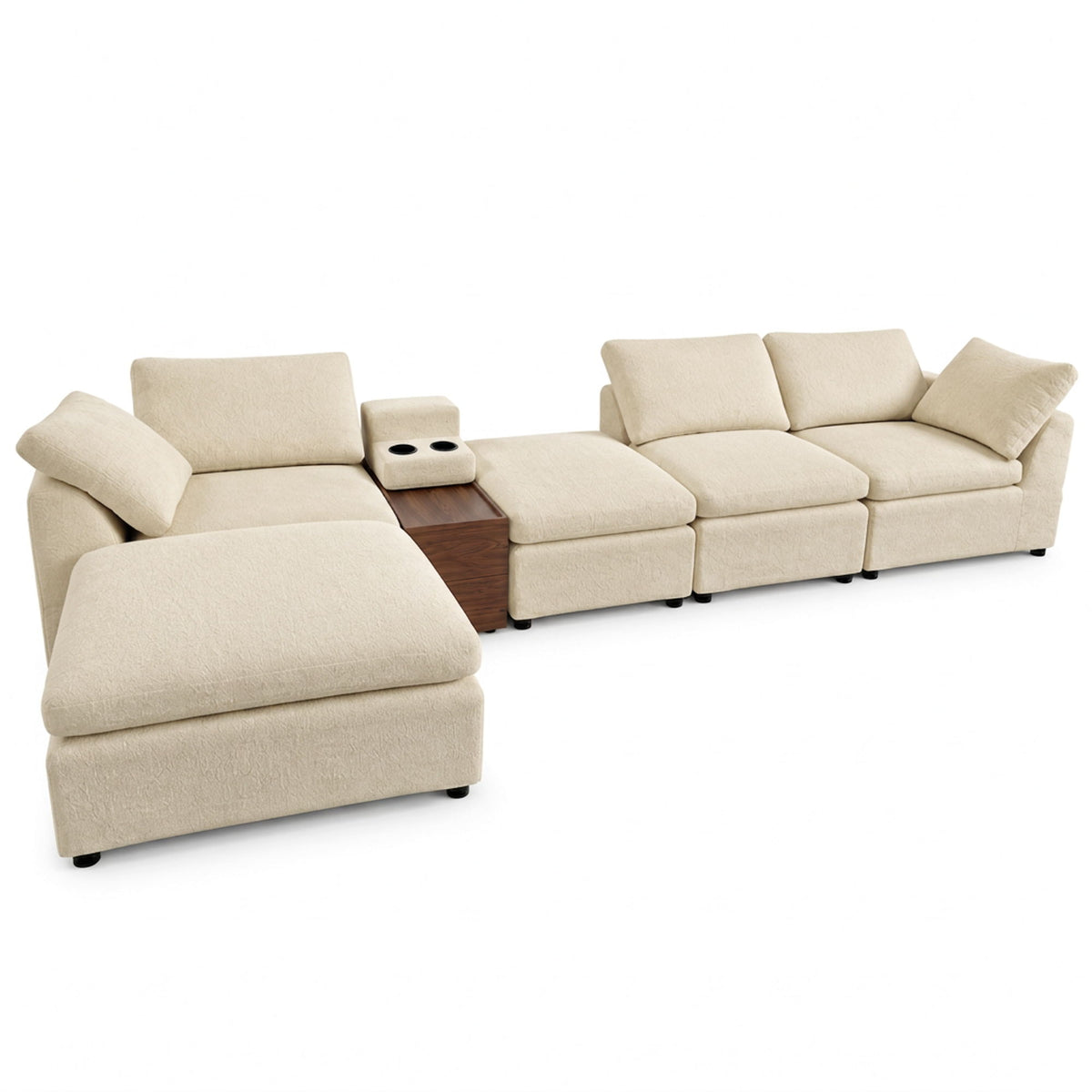 Light beige sectional sofa set with storage console and chaise ottomans