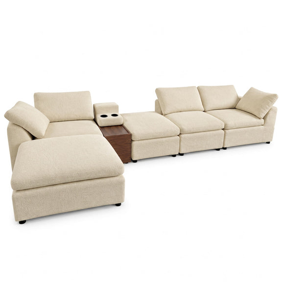 Light beige sectional sofa set with storage console and chaise ottomans