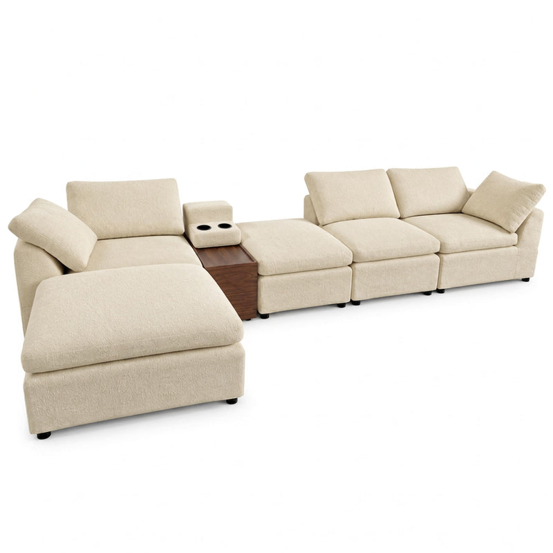 Light beige sectional sofa set with storage console and chaise ottomans